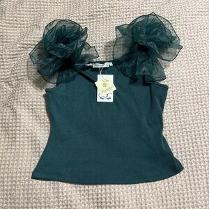 Green Women's Tank Top with Ruffle Sleeves